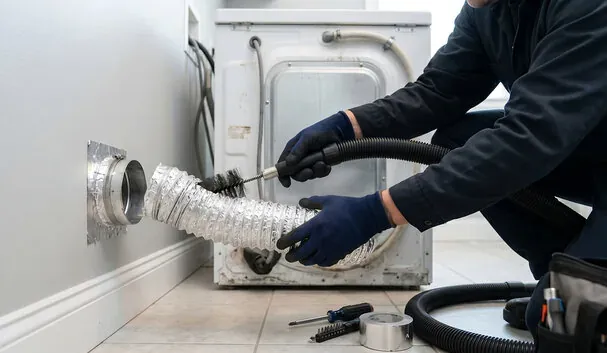 Dryer vent cleaned with a rotary brush and vacuum in an apartment laundry area