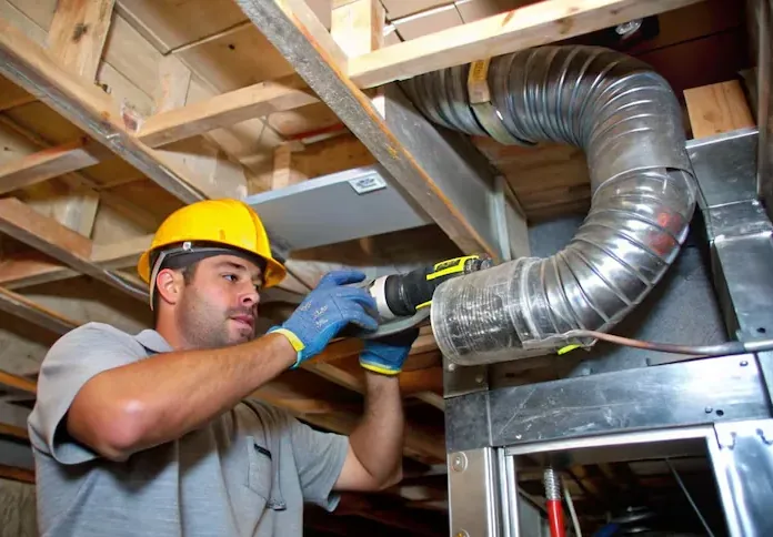 Technician fastening new metal ductwork in a Santa Monica attic