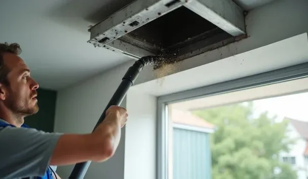 Vacuum hose removing debris from a ceiling vent in a coastal Santa Monica home