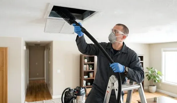 Technician on a ladder brushing a ceiling supply vent